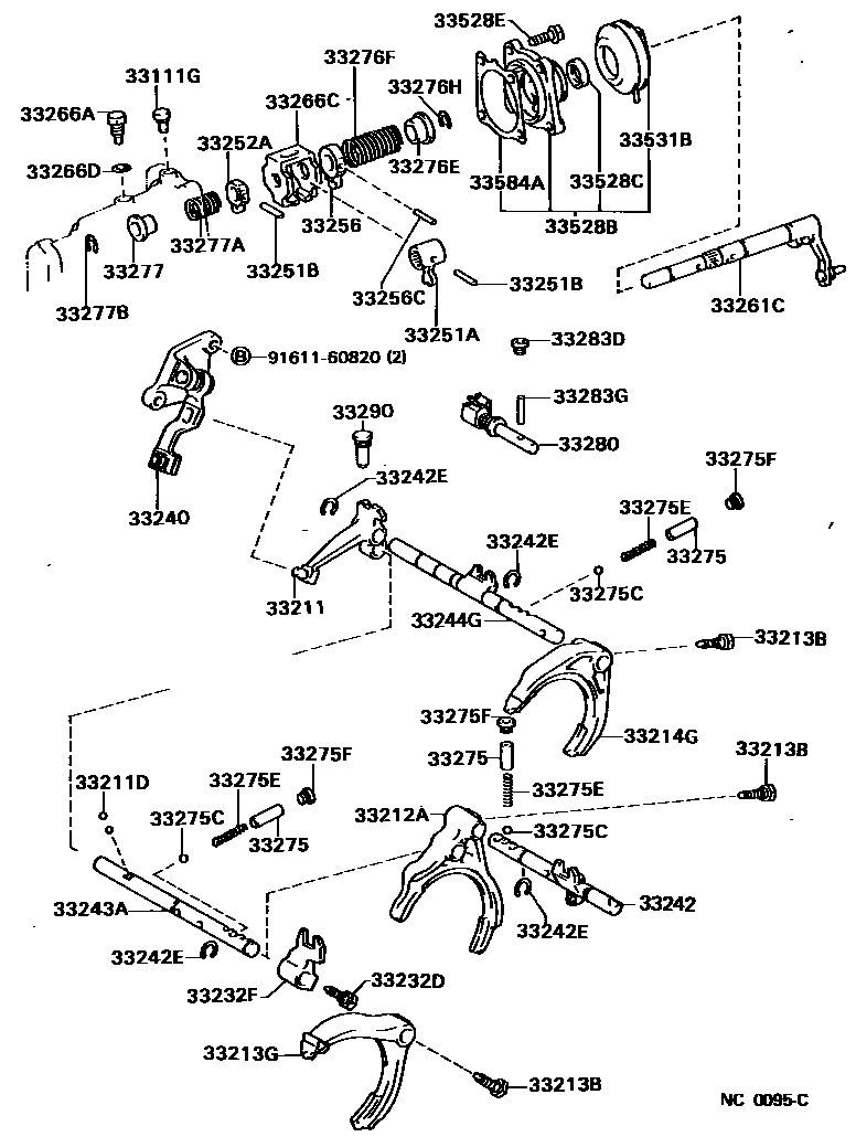 Toyota COROLLA 换档拨叉和换档杆轴(MTM) EPC diagram — NC0095C