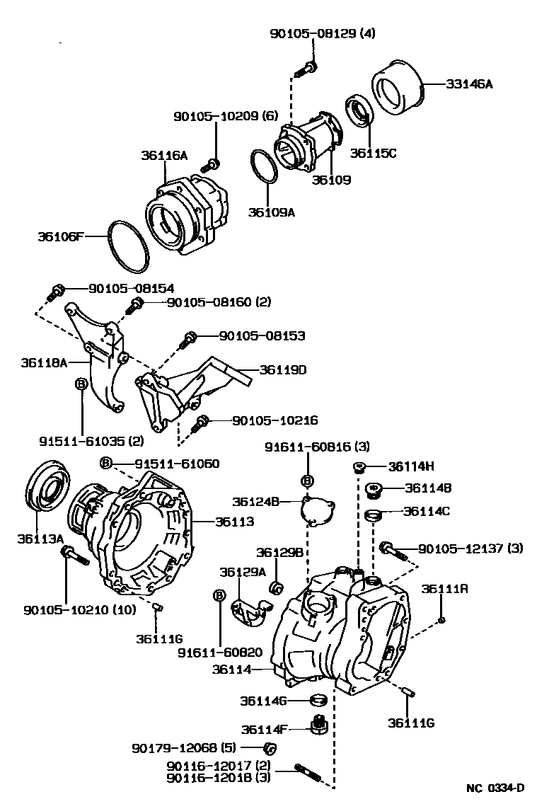 Toyota COROLLA Transfer Case & Extension Housing EPC diagram — NC0334D