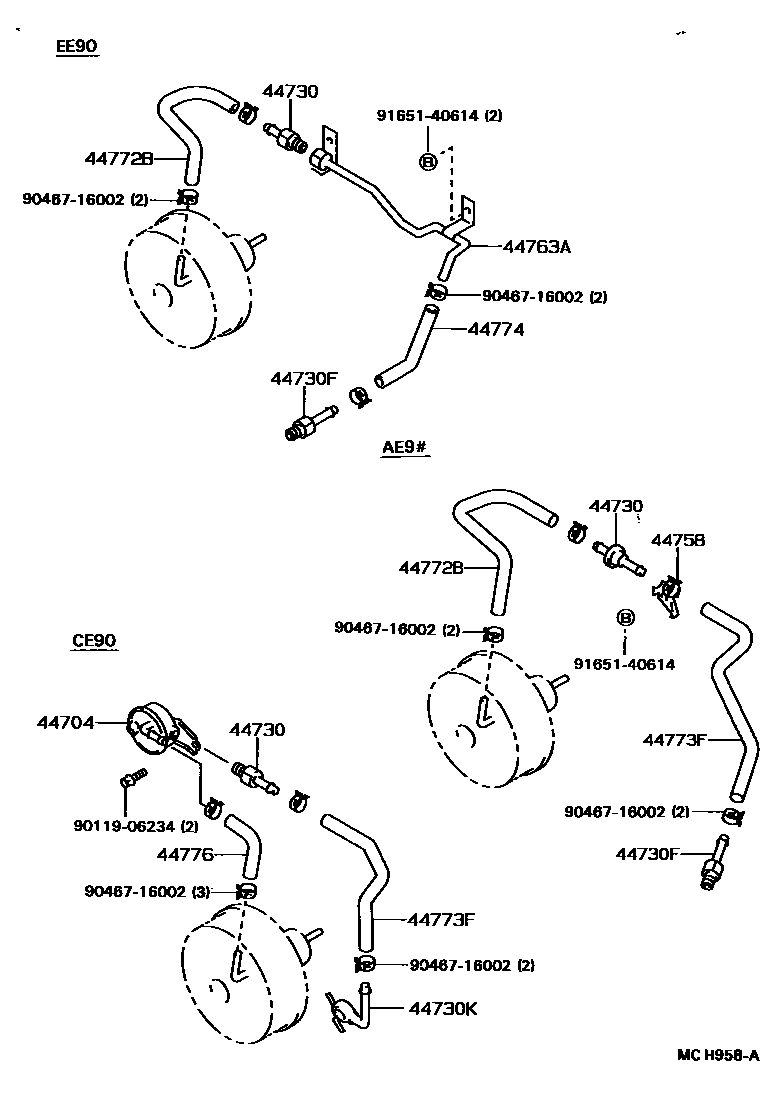 Toyota COROLLA 制动助力器和真空管 EPC diagram — MCH958A