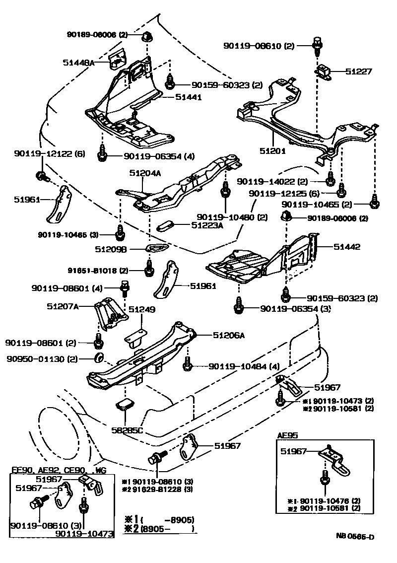 Toyota COROLLA 悬架横梁和发动机底罩 EPC diagram — NB0565D