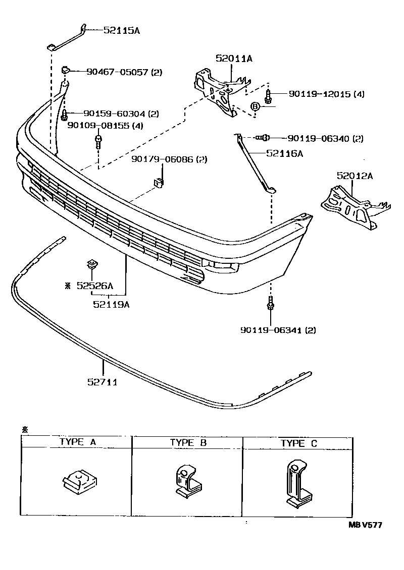 Toyota COROLLA 前保险杠及附件 EPC diagram — MBV577