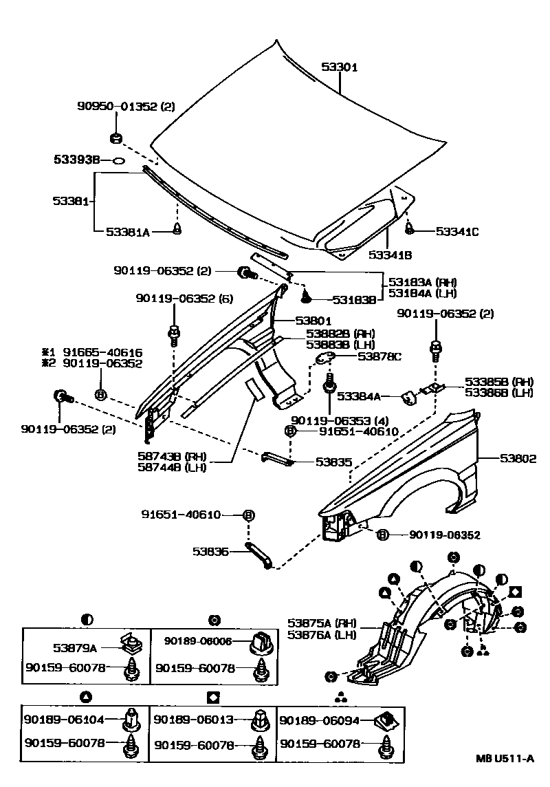 Toyota COROLLA 发动机盖和前翼子板 EPC diagram — MBU511A