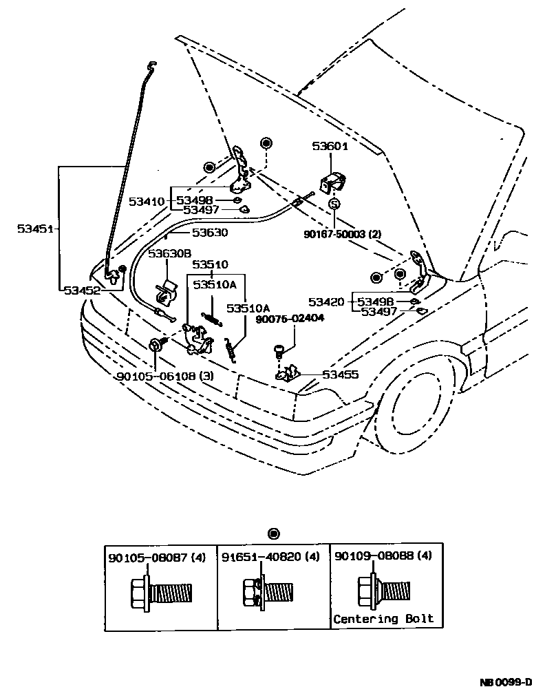 Toyota COROLLA 发动机盖锁和铰链 EPC diagram — NB0099D