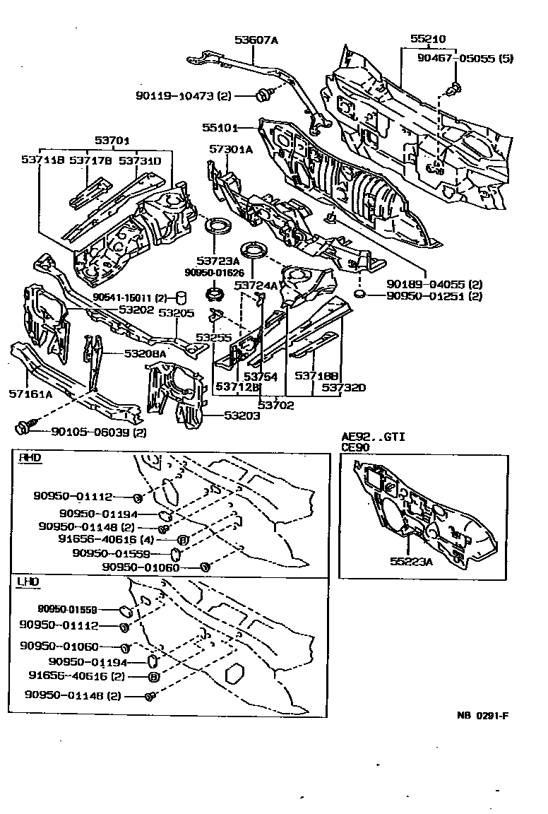 Toyota COROLLA 前翼子板挡泥板和前围板 EPC diagram — NB0291F