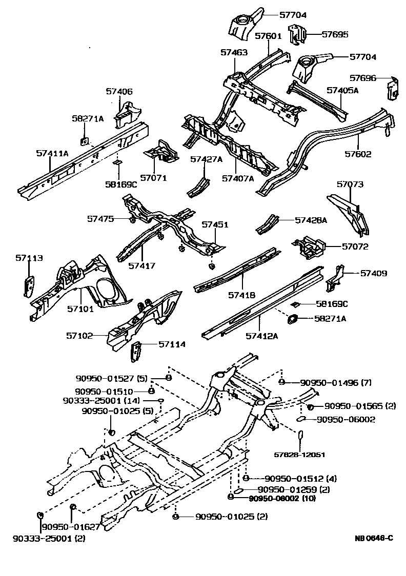 Toyota COROLLA Floor stringers EPC diagram — NB0646C