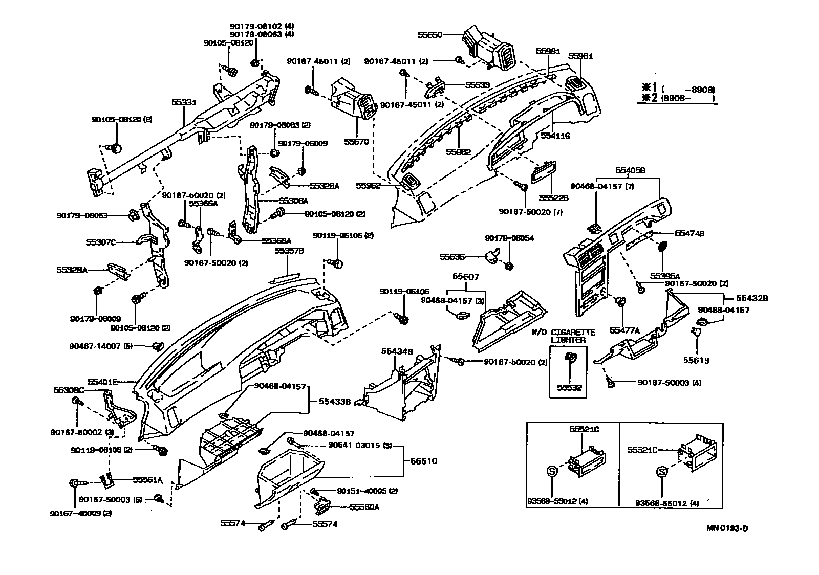 Toyota COROLLA 仪表板和手套箱 EPC diagram — MN0193D