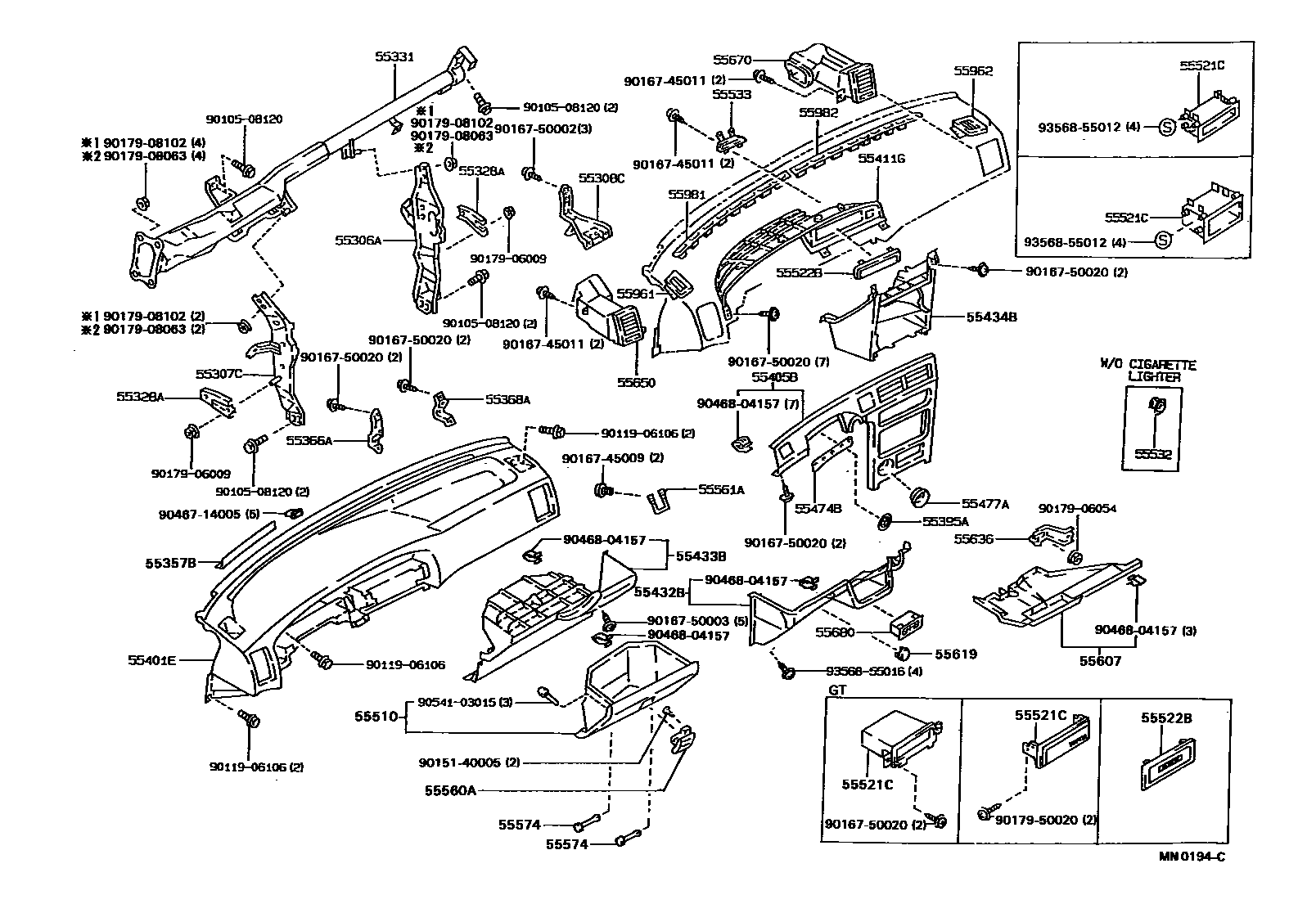 Toyota COROLLA 仪表板和手套箱 EPC diagram — MN0194C