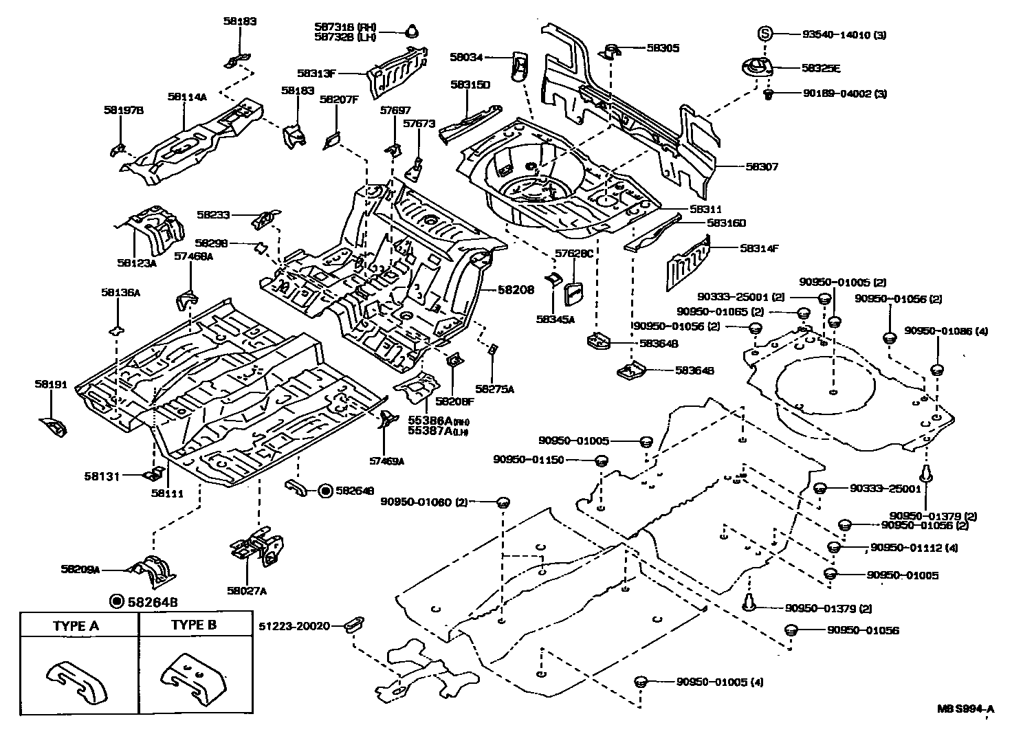 Toyota COROLLA 浅盘形地板和车身下背板 EPC diagram — MBS994A