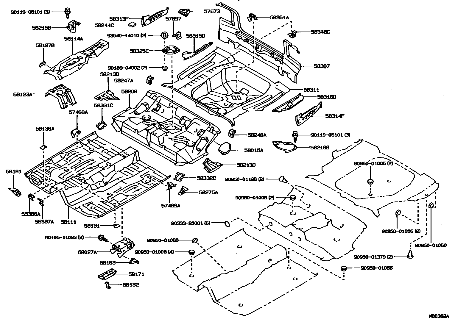 Toyota COROLLA 浅盘形地板和车身下背板 EPC diagram — NB0362A