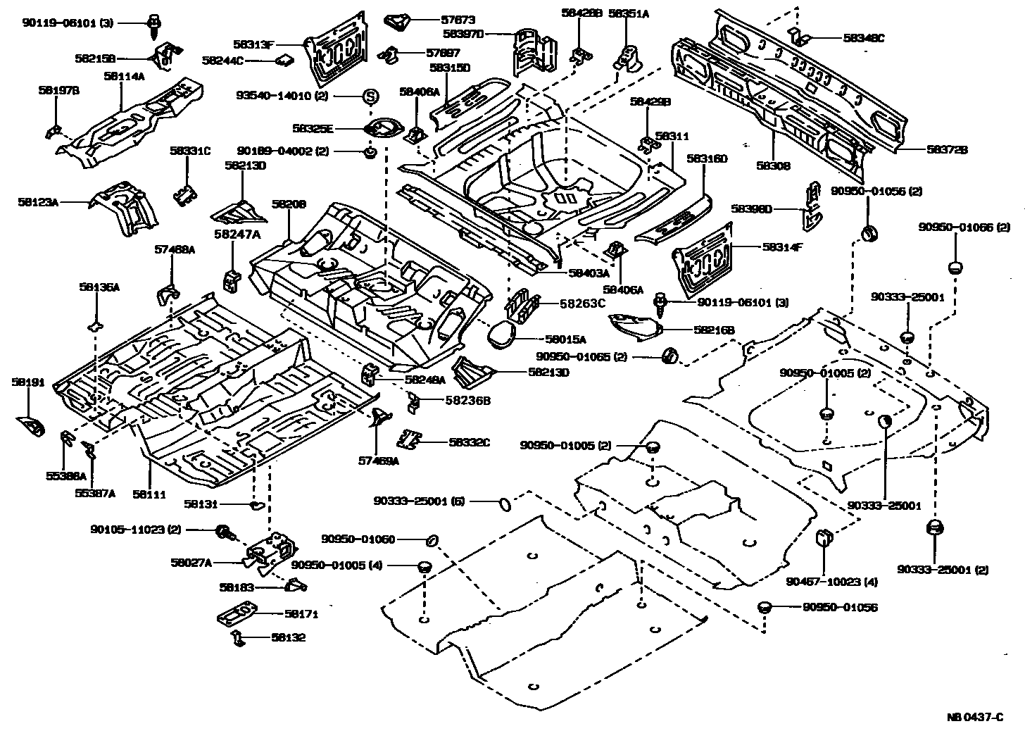 Toyota COROLLA 浅盘形地板和车身下背板 EPC diagram — NB0437C
