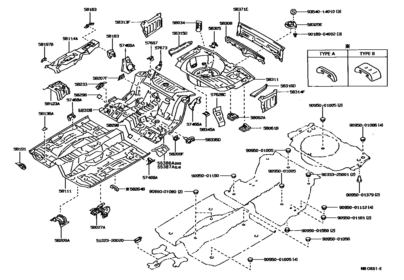 Toyota COROLLA 浅盘形地板和车身下背板 EPC diagram — NB0651E