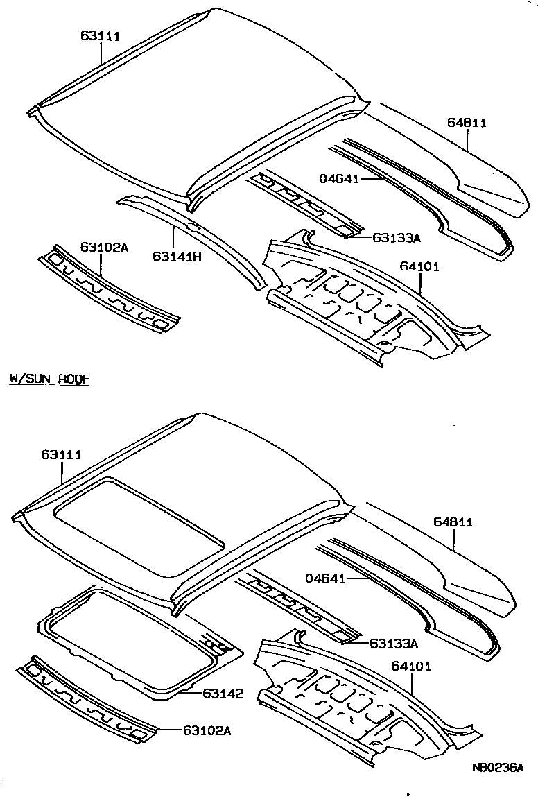 Toyota COROLLA 天窗板和背窗玻璃 EPC diagram — NB0236A