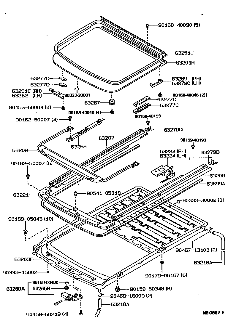 Toyota COROLLA 天窗板和背窗玻璃 EPC diagram — NB0667E
