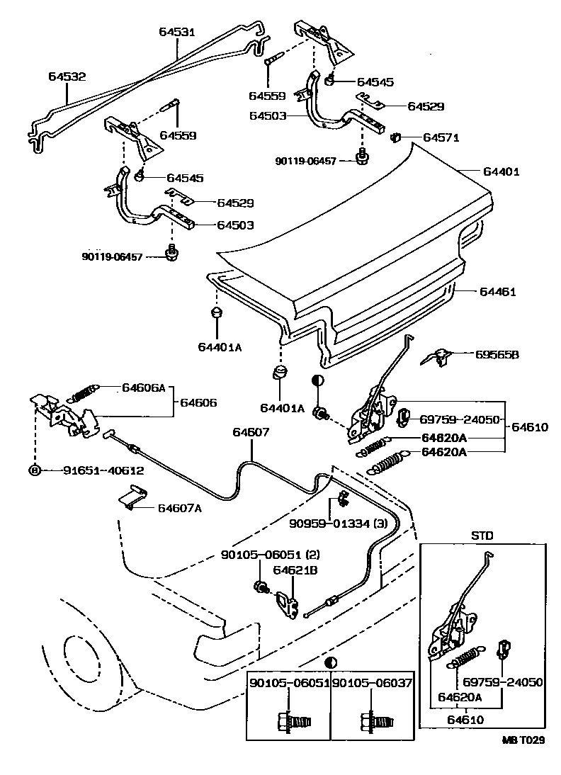 Toyota COROLLA 行李箱门和行李箱锁 EPC diagram — MBT029