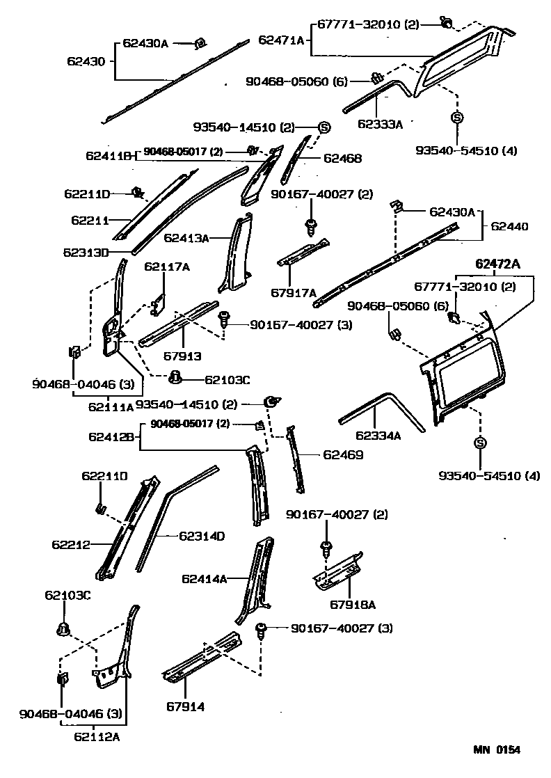 Toyota COROLLA 内饰板和车门防水胶条 EPC diagram — MN0154