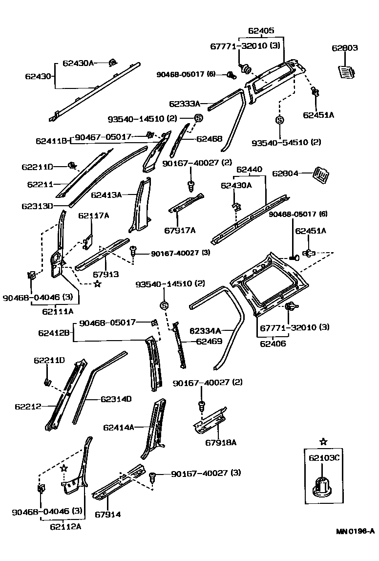 Toyota COROLLA 内饰板和车门防水胶条 EPC diagram — MN0196A