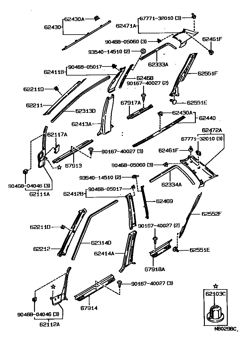 Toyota COROLLA 内饰板和车门防水胶条 EPC diagram — NB0298C