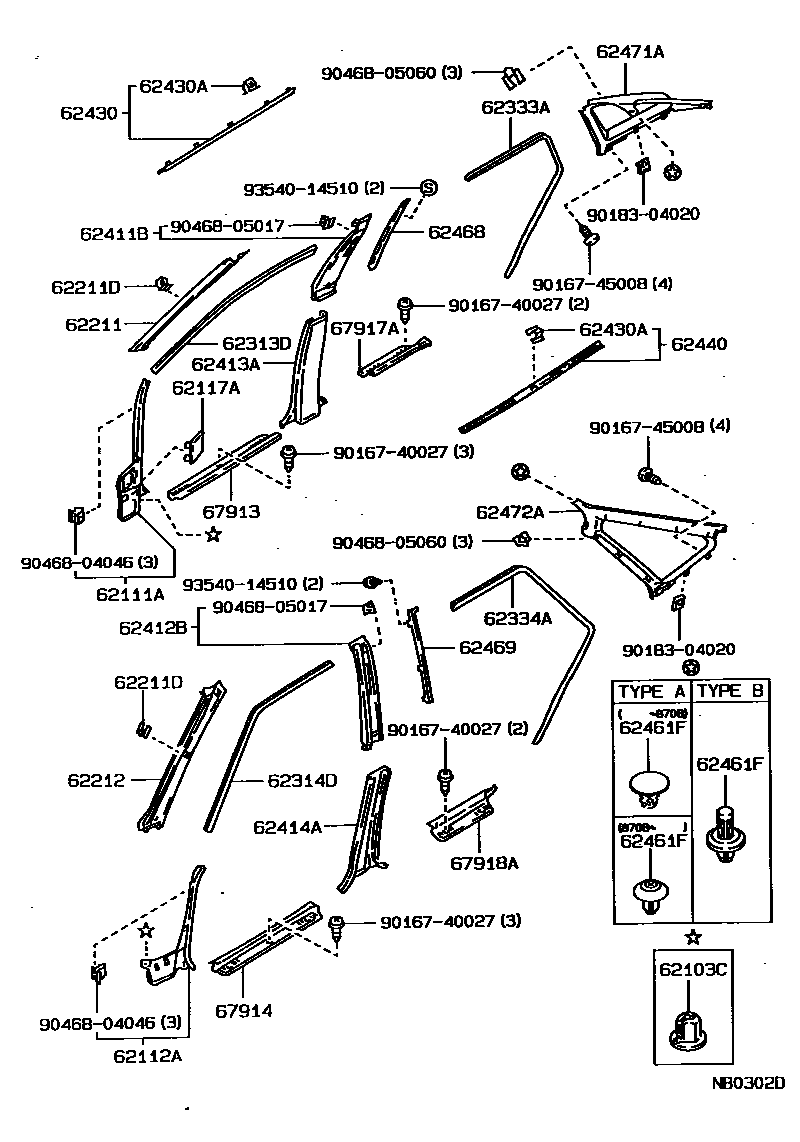 Toyota COROLLA 内饰板和车门防水胶条 EPC diagram — NB0302D