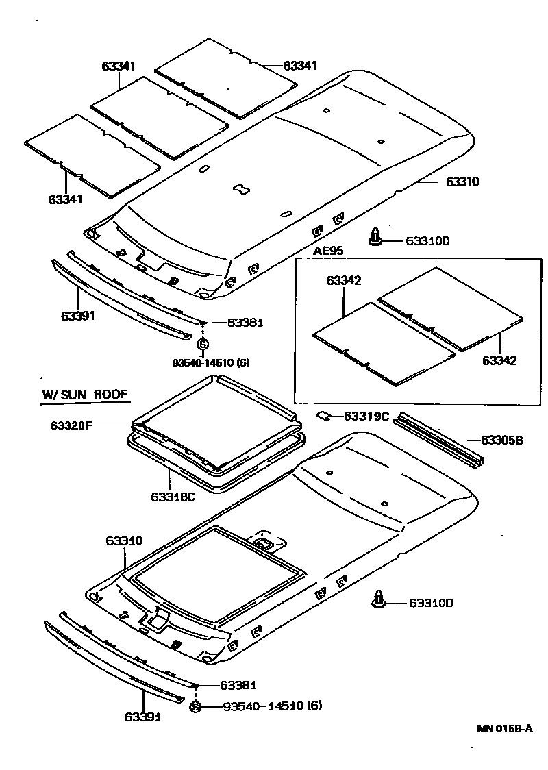 Toyota COROLLA 车顶内衬和消声垫 EPC diagram — MN0158A