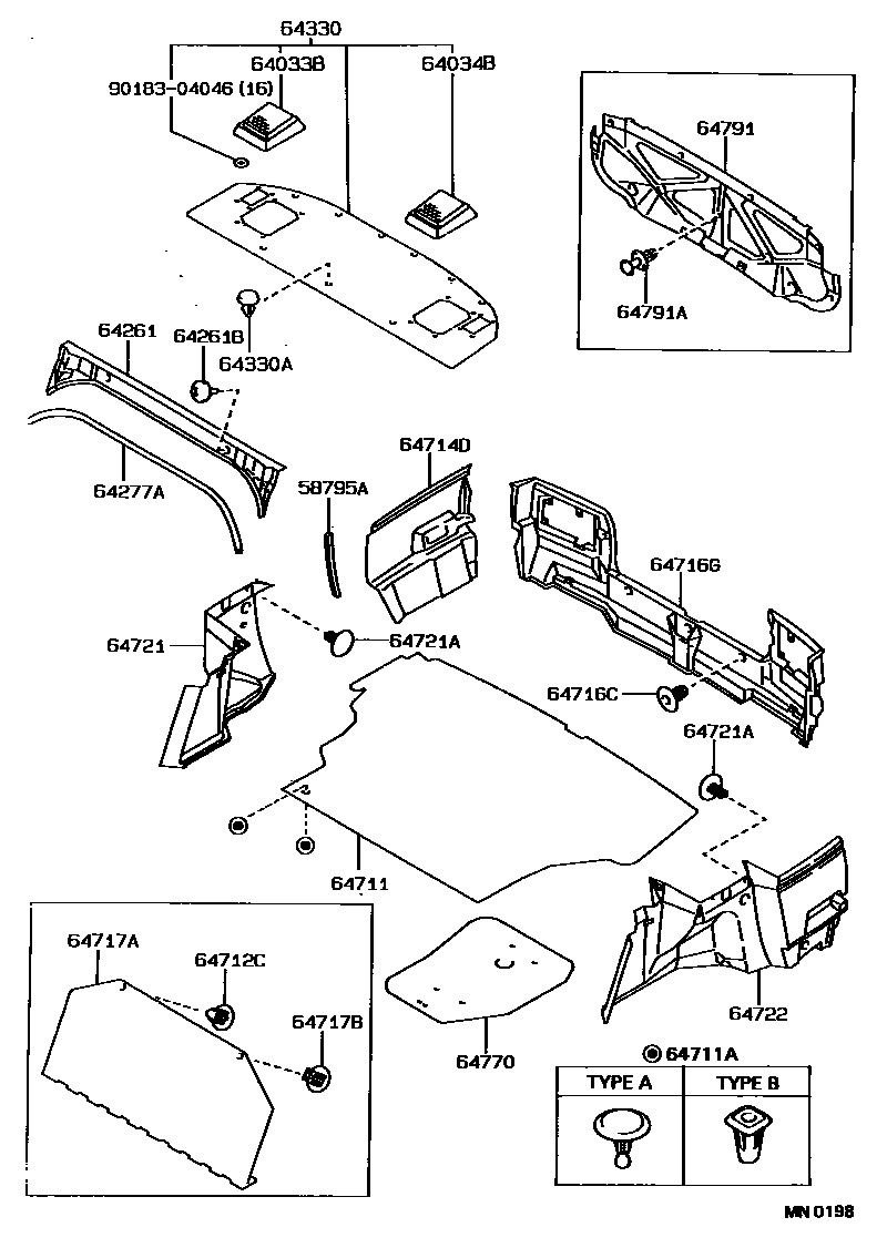 Toyota COROLLA 杂物箱板和行李箱垫 EPC diagram — MN0198