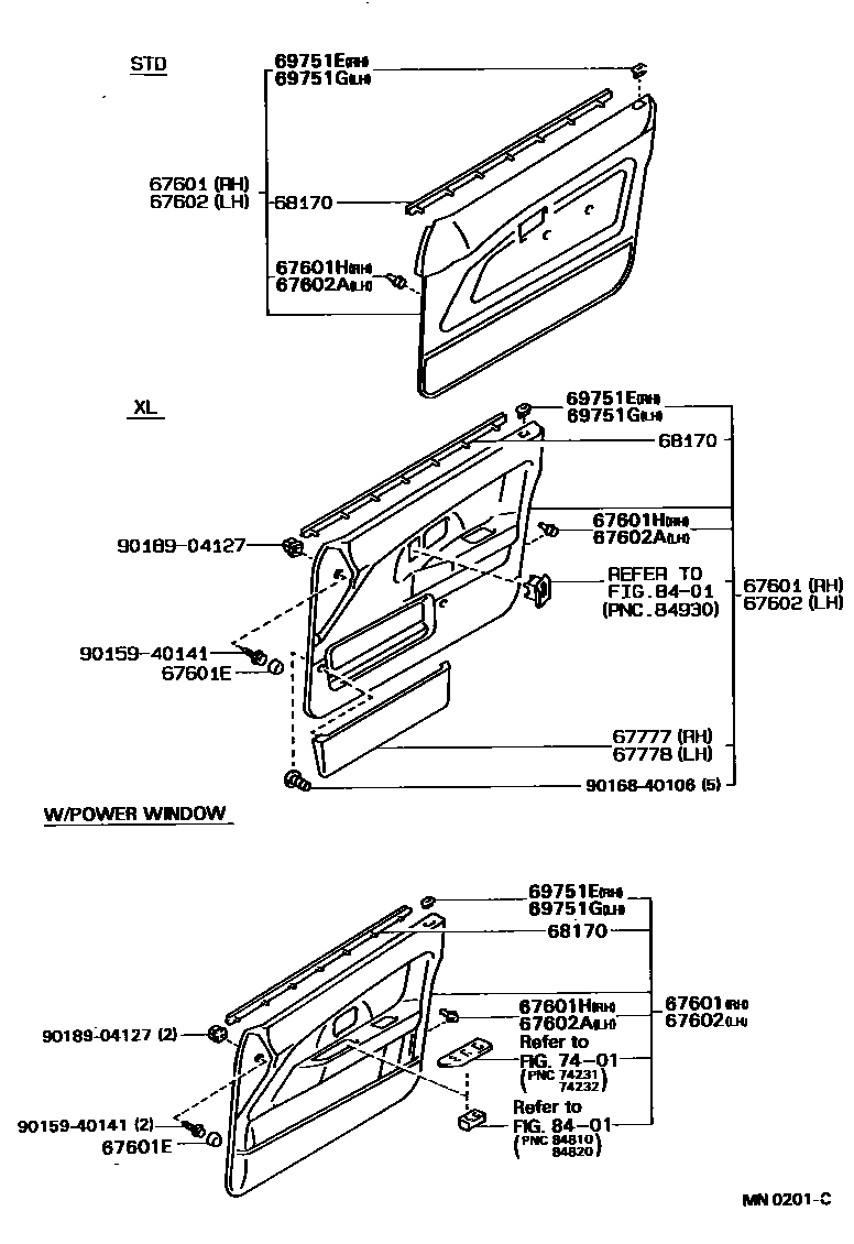 Toyota COROLLA 前门板和前门玻璃 EPC diagram — MN0201C