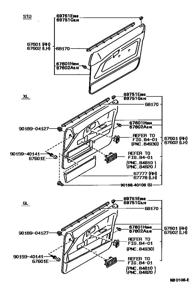 Toyota COROLLA 前门板和前门玻璃 EPC diagram — NB0108E
