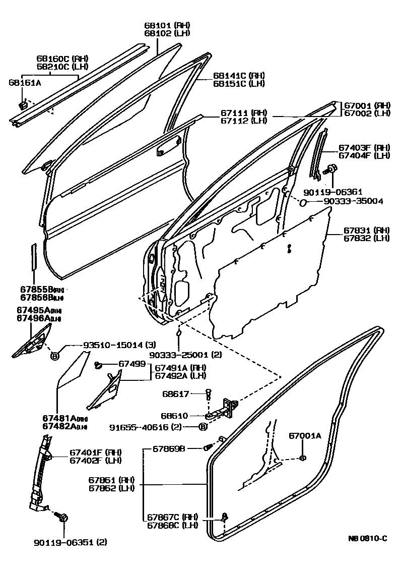 Toyota COROLLA 前门板和前门玻璃 EPC diagram — NB0810C