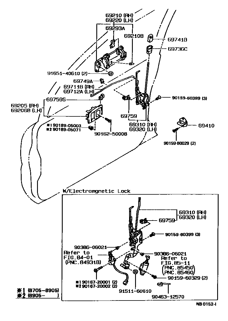 Toyota COROLLA 前门锁和车门把手 EPC diagram — NB0152I