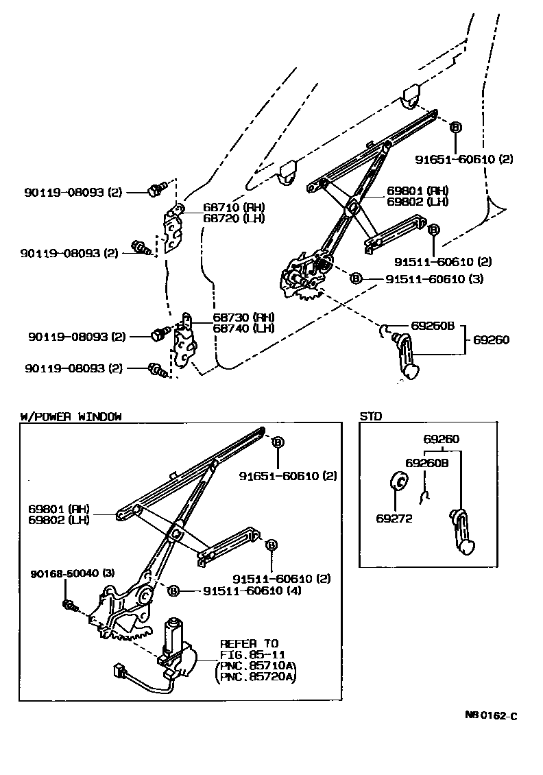 Toyota COROLLA 前门车窗升降器和合页 EPC diagram — NB0162C