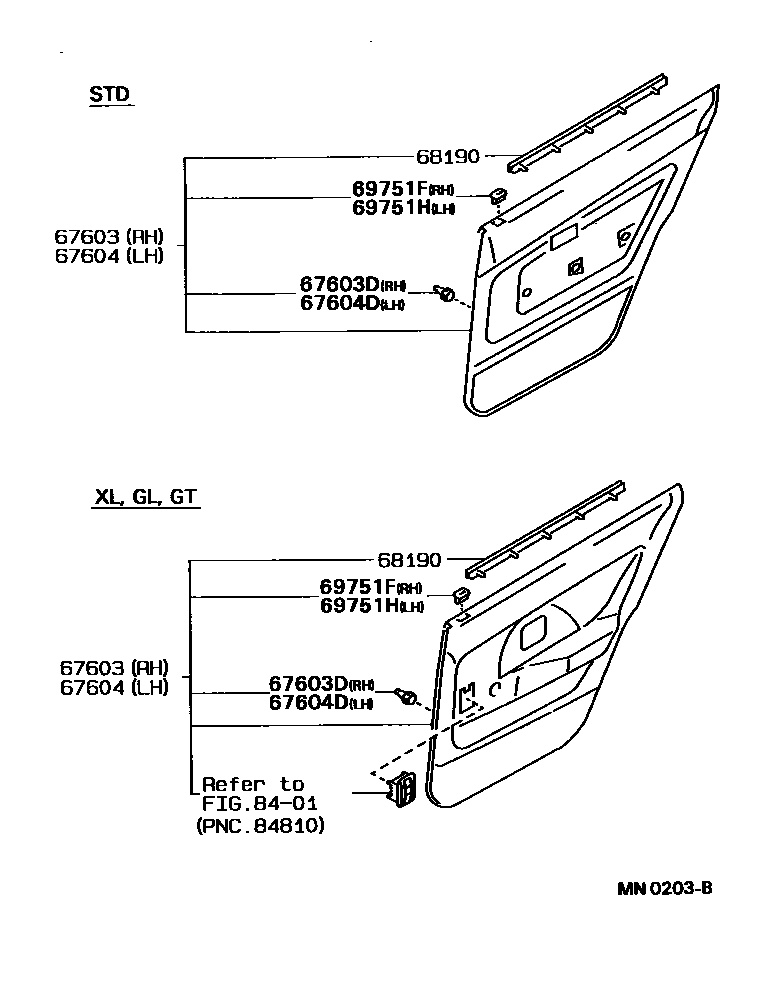 Toyota COROLLA 后门板和后门玻璃 EPC diagram — MN0203B