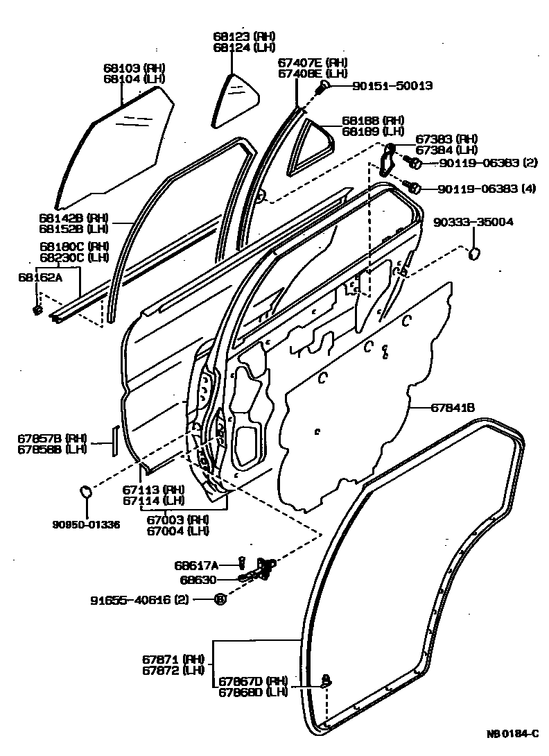 Toyota COROLLA 后门板和后门玻璃 EPC diagram — NB0184C