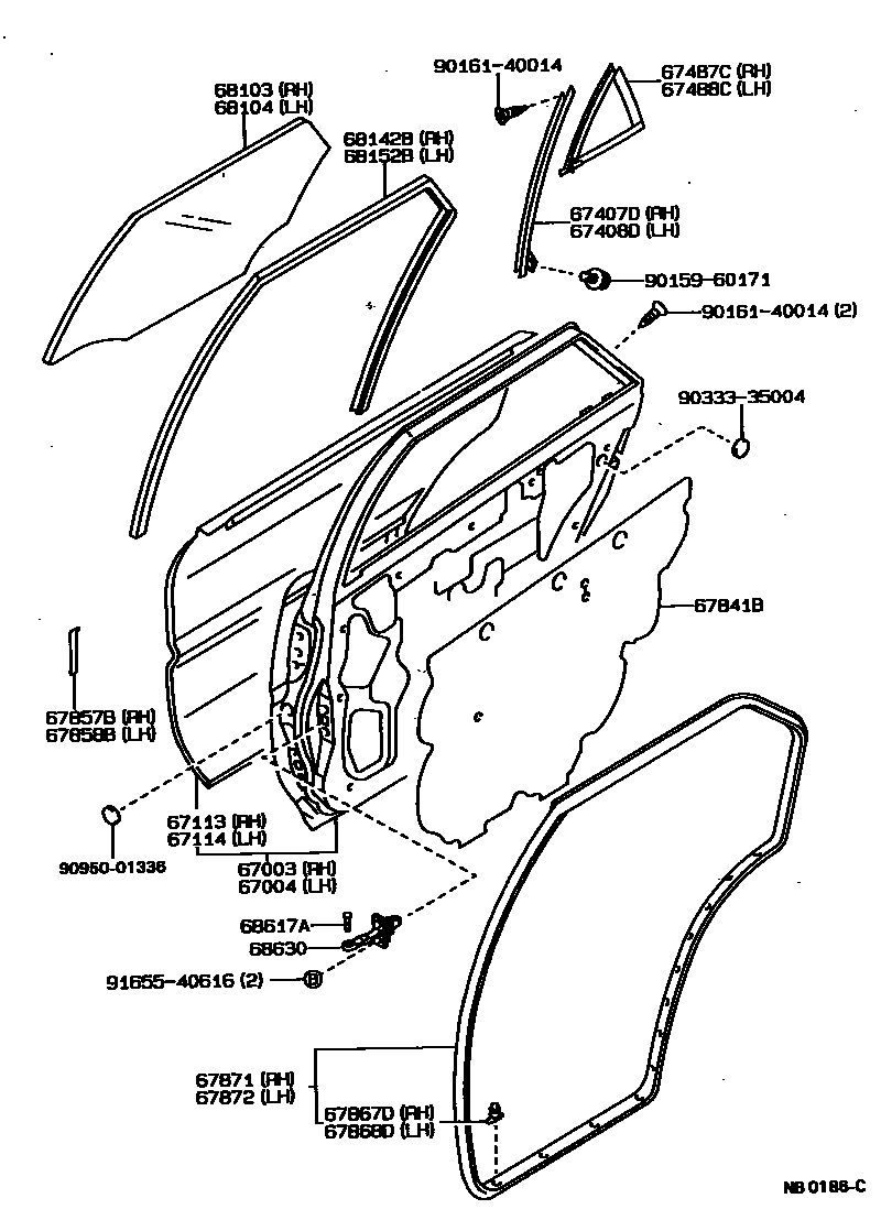 Toyota COROLLA 后门板和后门玻璃 EPC diagram — NB0186C