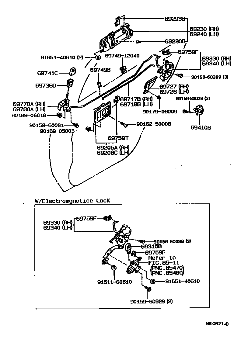 Toyota COROLLA 后门锁和后门把手 EPC diagram — NB0821D