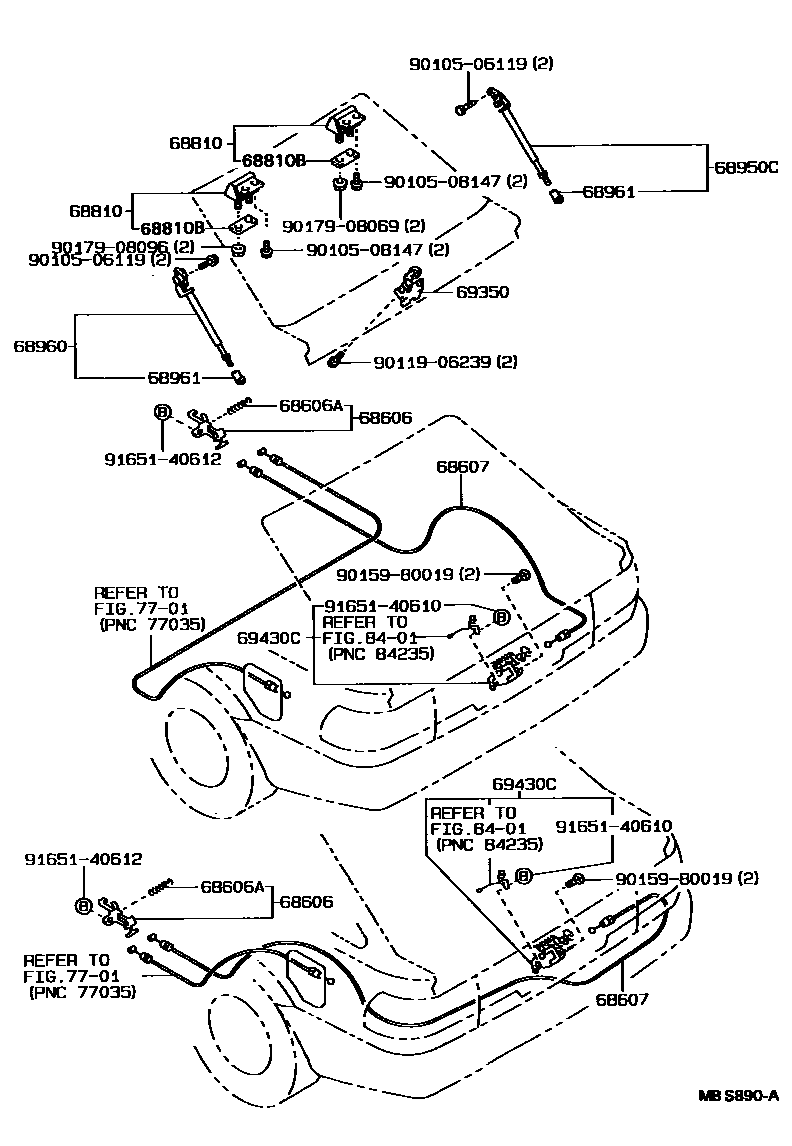 Toyota COROLLA 背门锁和背门把手 EPC diagram — MBS890A