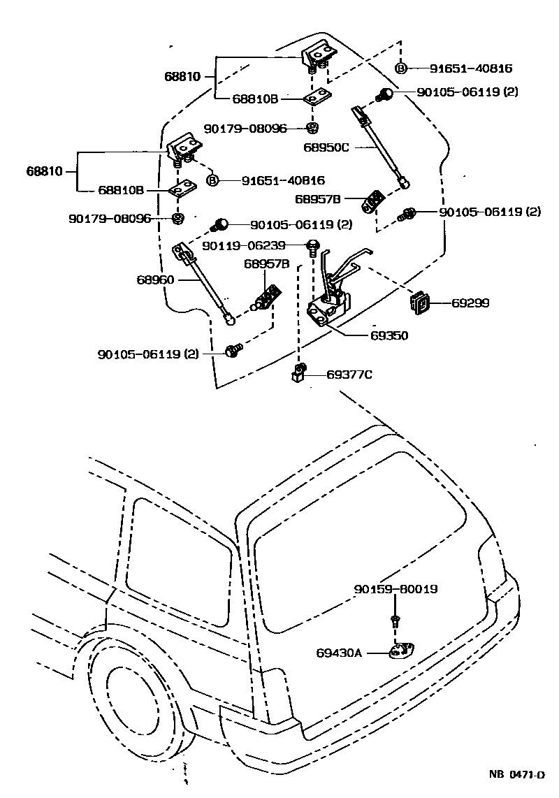 Toyota COROLLA 背门锁和背门把手 EPC diagram — NB0471D