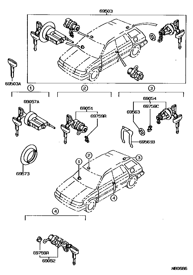 Toyota COROLLA 锁芯组件 EPC diagram — NB0686