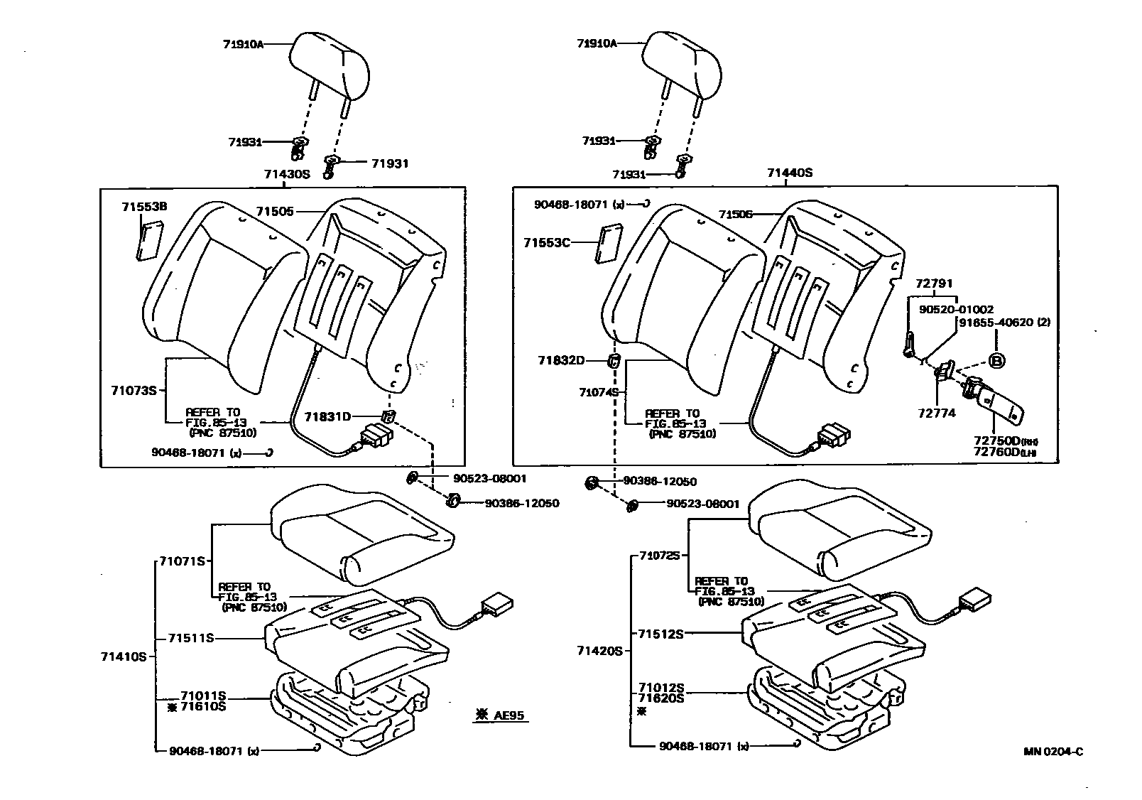 Toyota COROLLA 前排座椅和座椅滑轨 EPC diagram — MN0204C