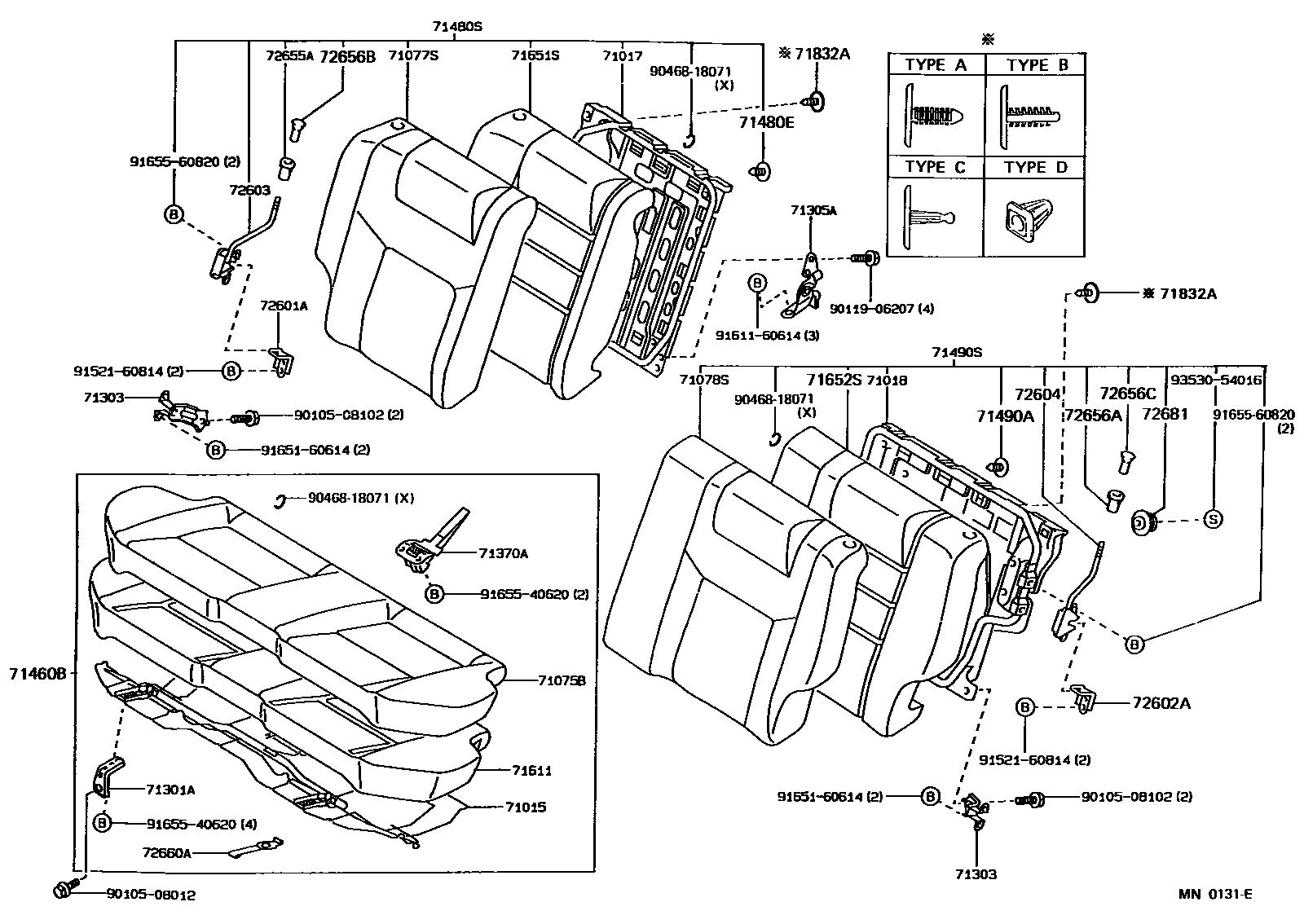 Toyota COROLLA 后排座椅和座椅滑轨 EPC diagram — MN0131E