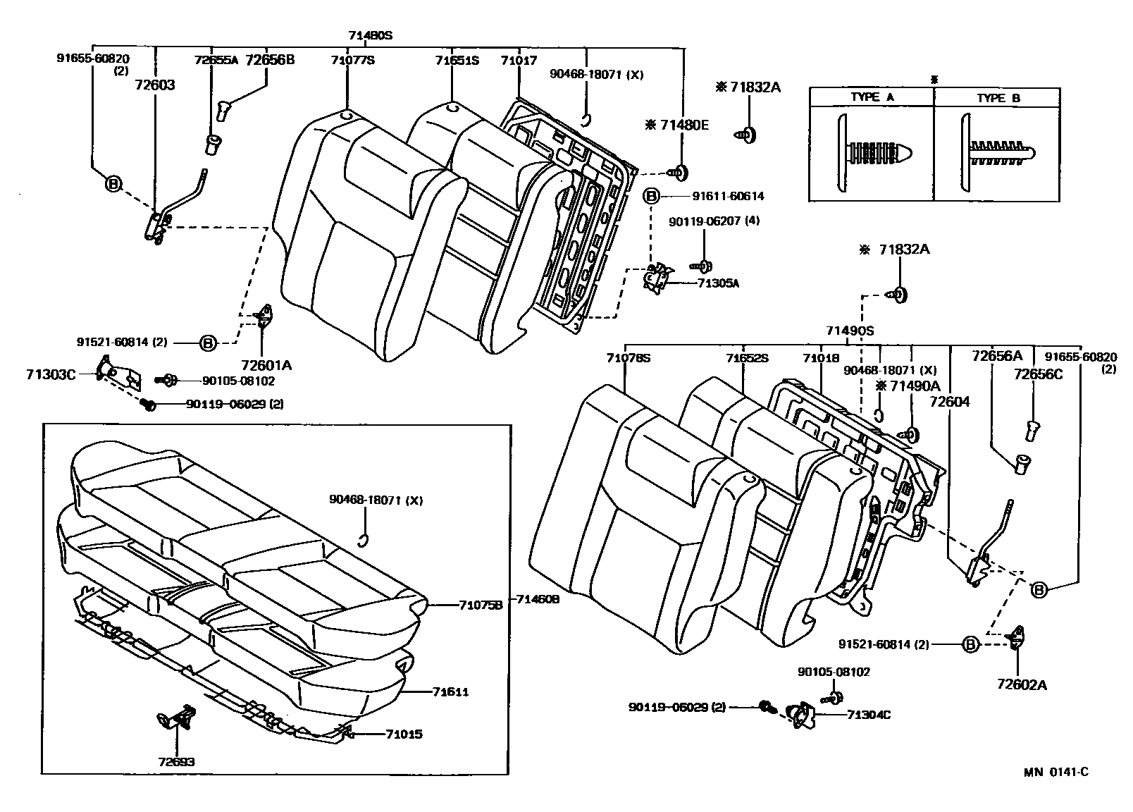 Toyota COROLLA 后排座椅和座椅滑轨 EPC diagram — MN0141C