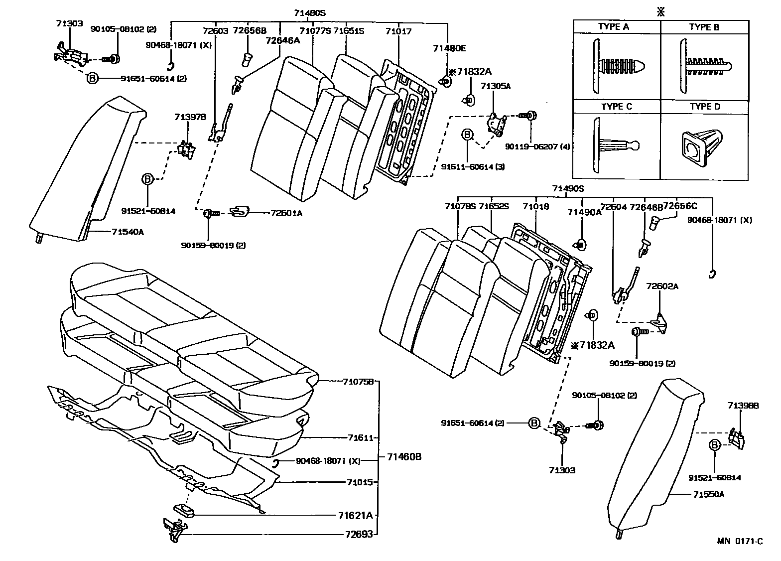 Toyota COROLLA 后排座椅和座椅滑轨 EPC diagram — MN0171C