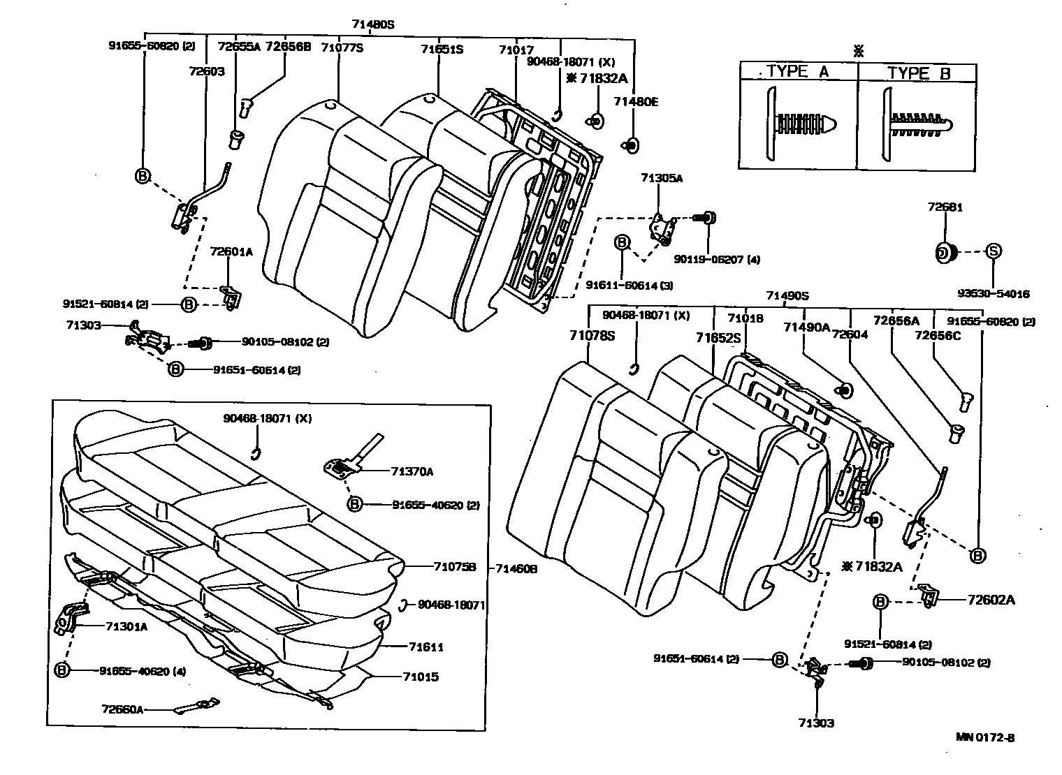 Toyota COROLLA 后排座椅和座椅滑轨 EPC diagram — MN0172B