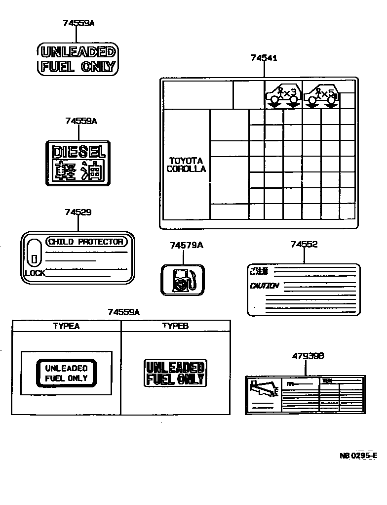 Toyota COROLLA 警示铭牌(车外和车内) EPC diagram — NB0295E