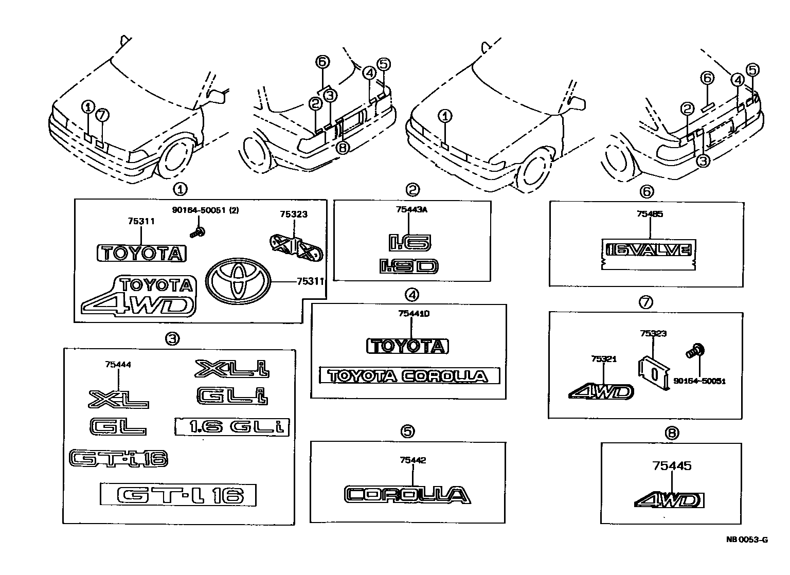 Toyota COROLLA 丰田徽标和铭牌(车外和车内) EPC diagram — NB0053G