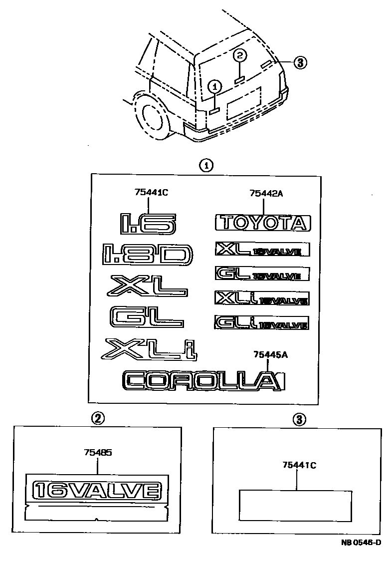 Toyota COROLLA 丰田徽标和铭牌(车外和车内) EPC diagram — NB0546D