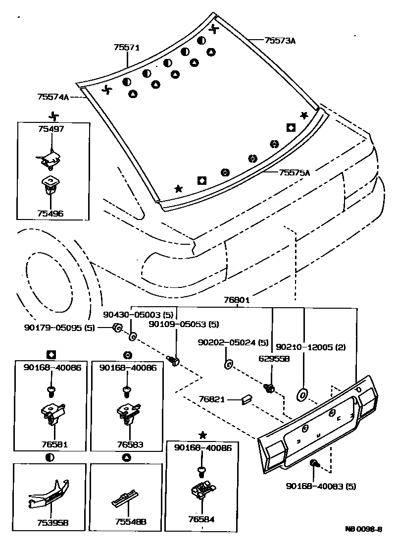 Toyota COROLLA 后防护条 EPC diagram — NB0098B