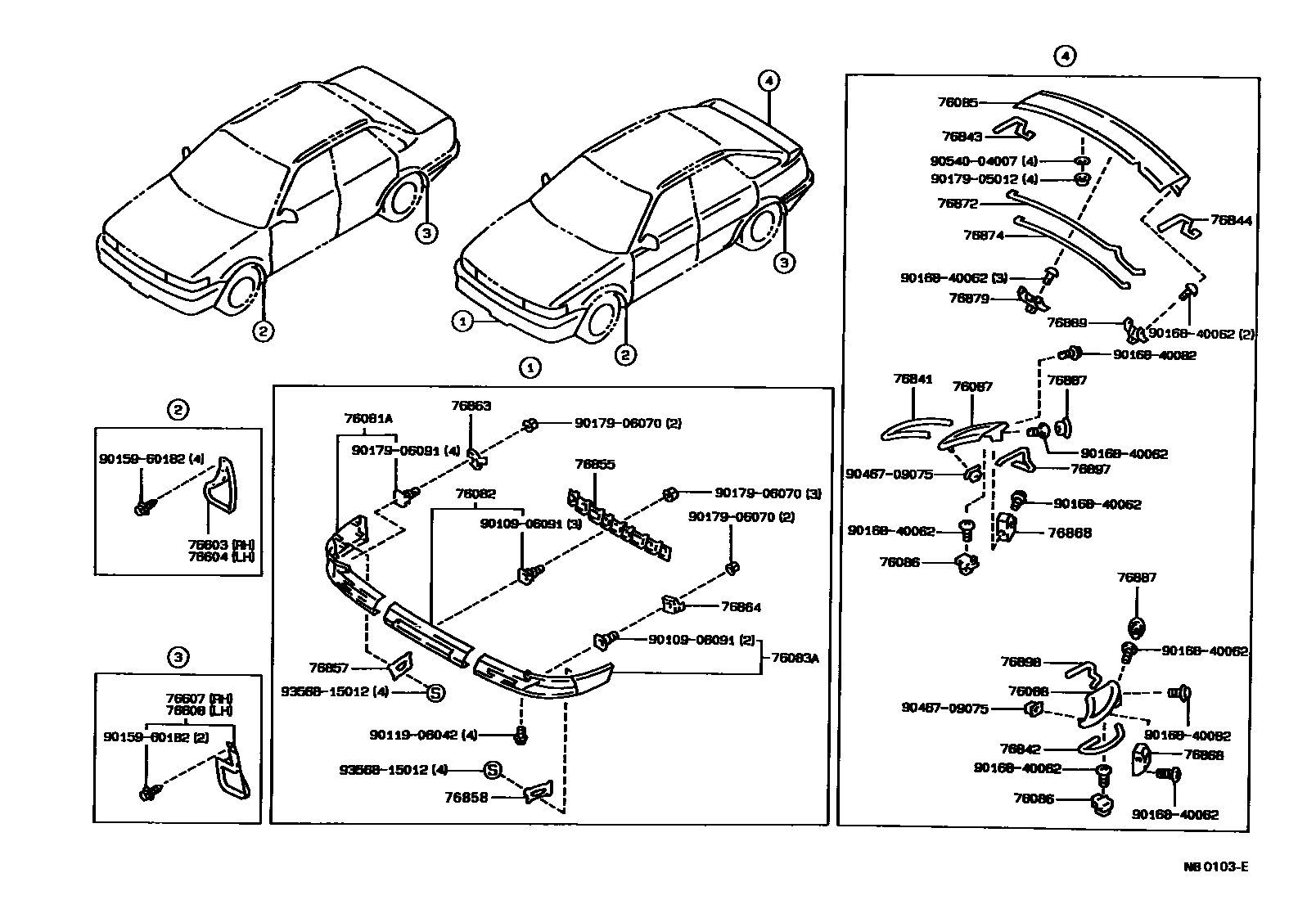 Toyota COROLLA 挡泥板和扰流板 EPC diagram — NB0103E