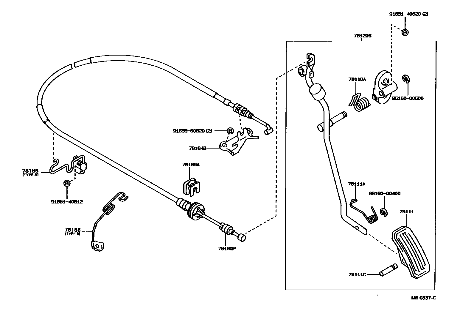 Toyota COROLLA accelerator pedal connecting rod EPC diagram — MB0337C