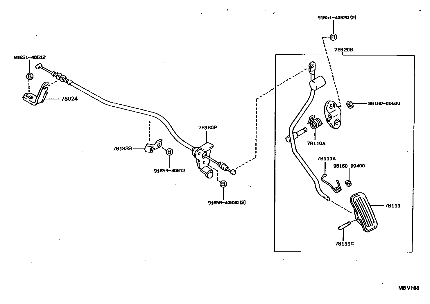 Toyota COROLLA accelerator pedal connecting rod EPC diagram — MBV186
