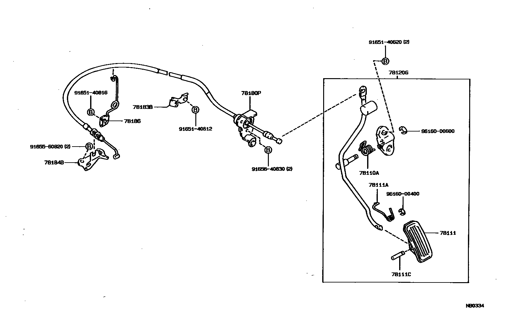 Toyota COROLLA accelerator pedal connecting rod EPC diagram — NB0334