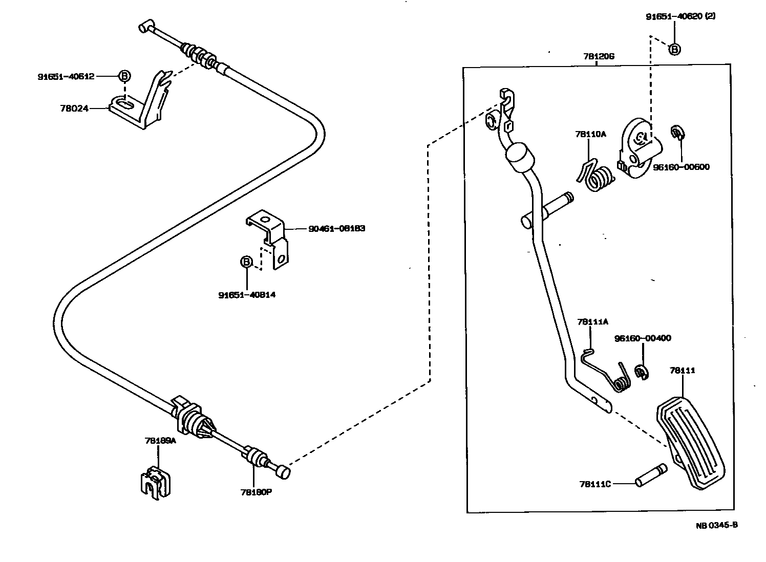 Toyota COROLLA accelerator pedal connecting rod EPC diagram — NB0345B